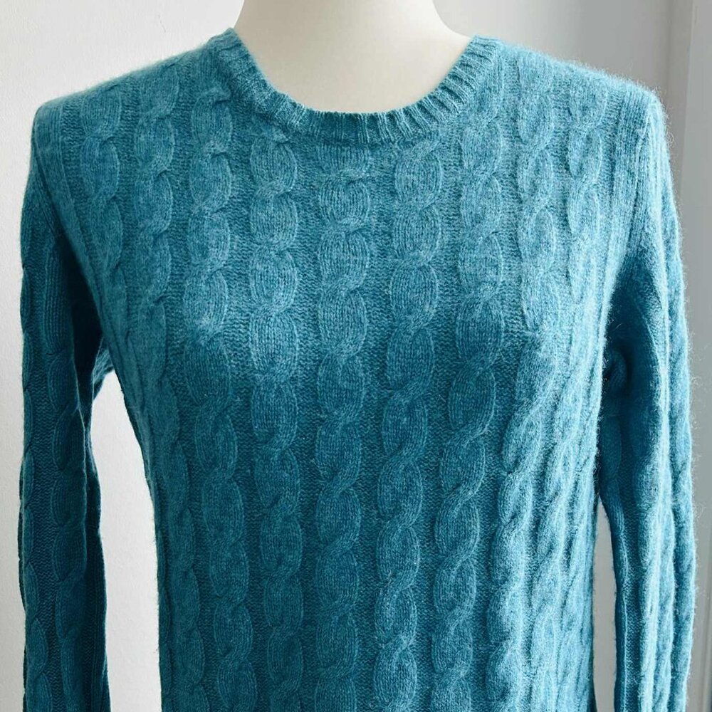 Lord & Taylor Teal Fine-Gauge Cable-Knit Pure Cashmere Sweater – US L